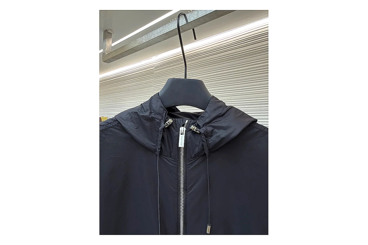 Moncler Nylon Hooded Jacket Black Jacket QC photo reference showing black nylon hooded jacket with nylon texture, hood structure, zipper line, sleeve cuffs, and light shell shape thumbnail 5