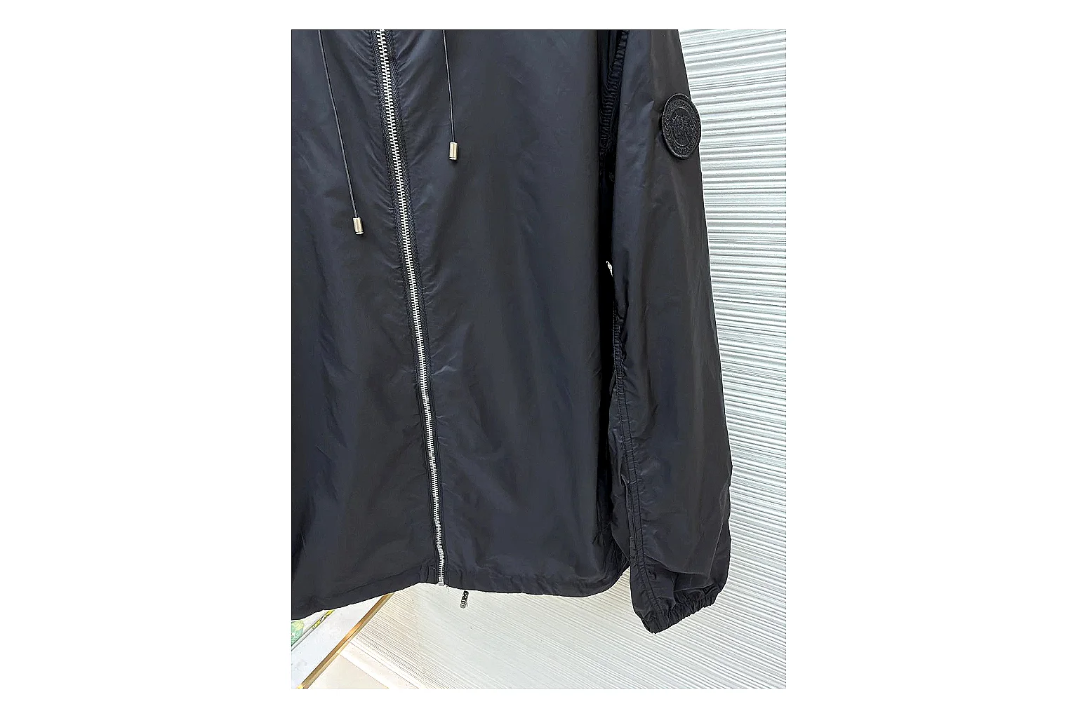 Moncler Nylon Hooded Jacket Black Jacket QC photo reference showing black nylon hooded jacket with nylon texture, hood structure, zipper line, sleeve cuffs, and light shell shape thumbnail 6