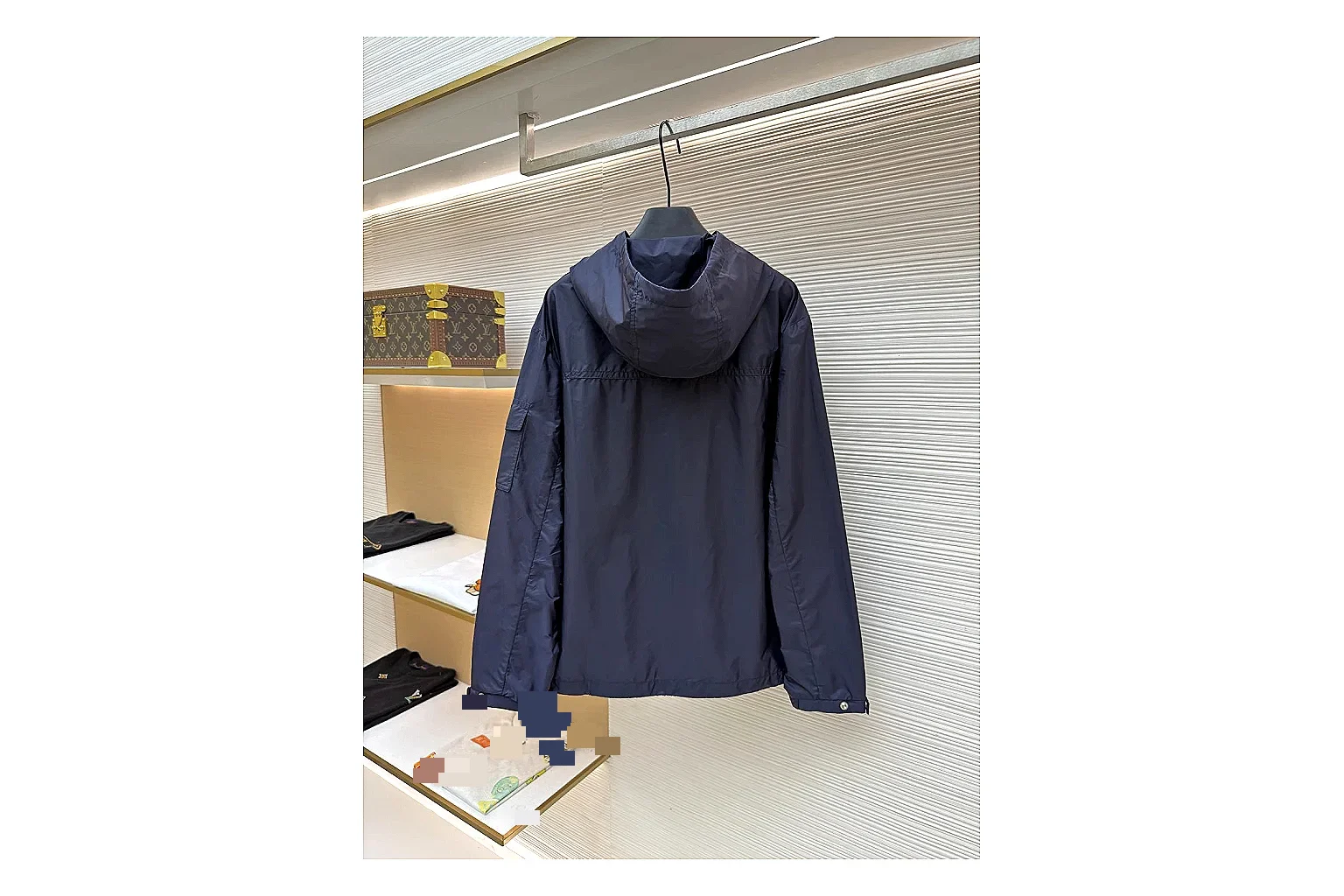 Moncler Nylon Hooded Jacket Navy Jacket QC photo reference showing navy nylon hooded jacket with nylon texture, hood structure, zipper line, sleeve cuffs, and light shell shape