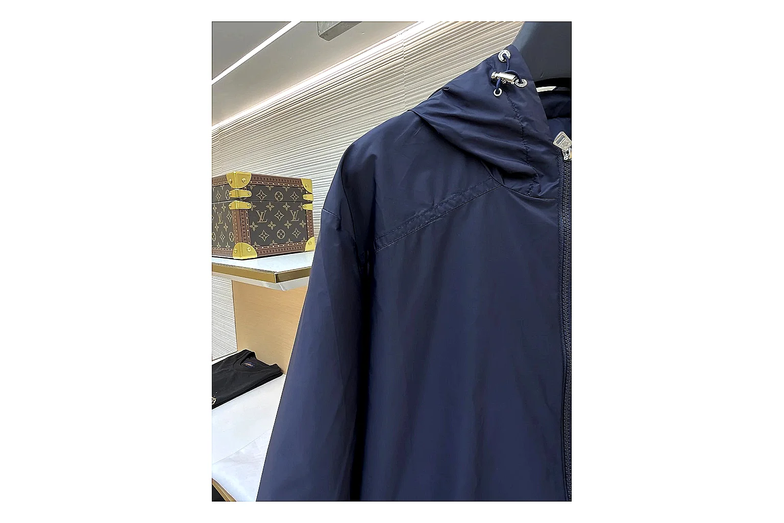 Moncler Nylon Hooded Jacket Navy Jacket QC photo reference showing navy nylon hooded jacket with nylon texture, hood structure, zipper line, sleeve cuffs, and light shell shape