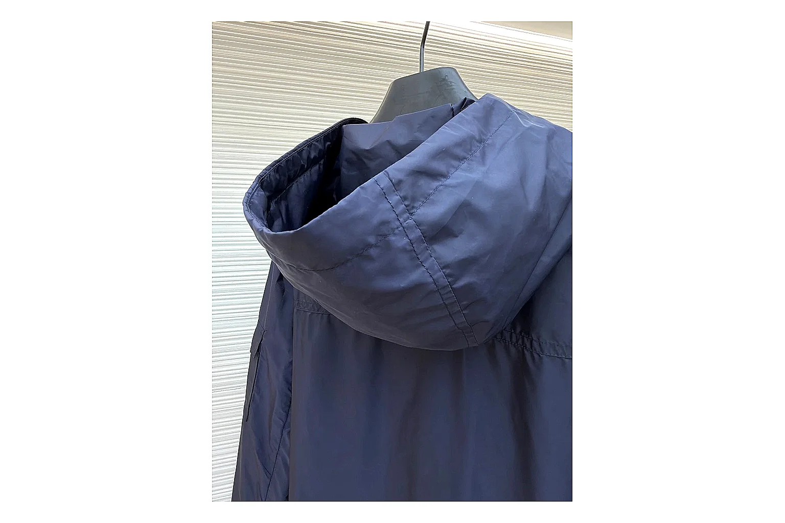 Moncler Nylon Hooded Jacket Navy Jacket QC photo reference showing navy nylon hooded jacket with nylon texture, hood structure, zipper line, sleeve cuffs, and light shell shape thumbnail 3