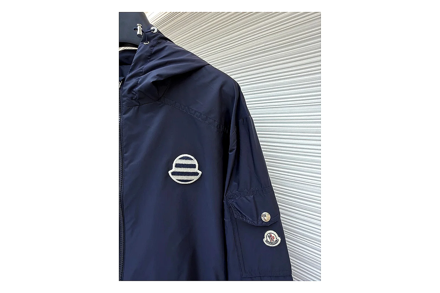 Moncler Nylon Hooded Jacket Navy Jacket QC photo reference showing navy nylon hooded jacket with nylon texture, hood structure, zipper line, sleeve cuffs, and light shell shape thumbnail 4