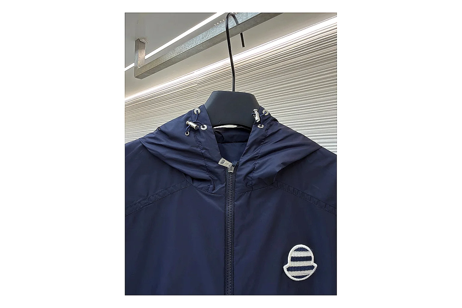 Moncler Nylon Hooded Jacket Navy Jacket QC photo reference showing navy nylon hooded jacket with nylon texture, hood structure, zipper line, sleeve cuffs, and light shell shape thumbnail 5