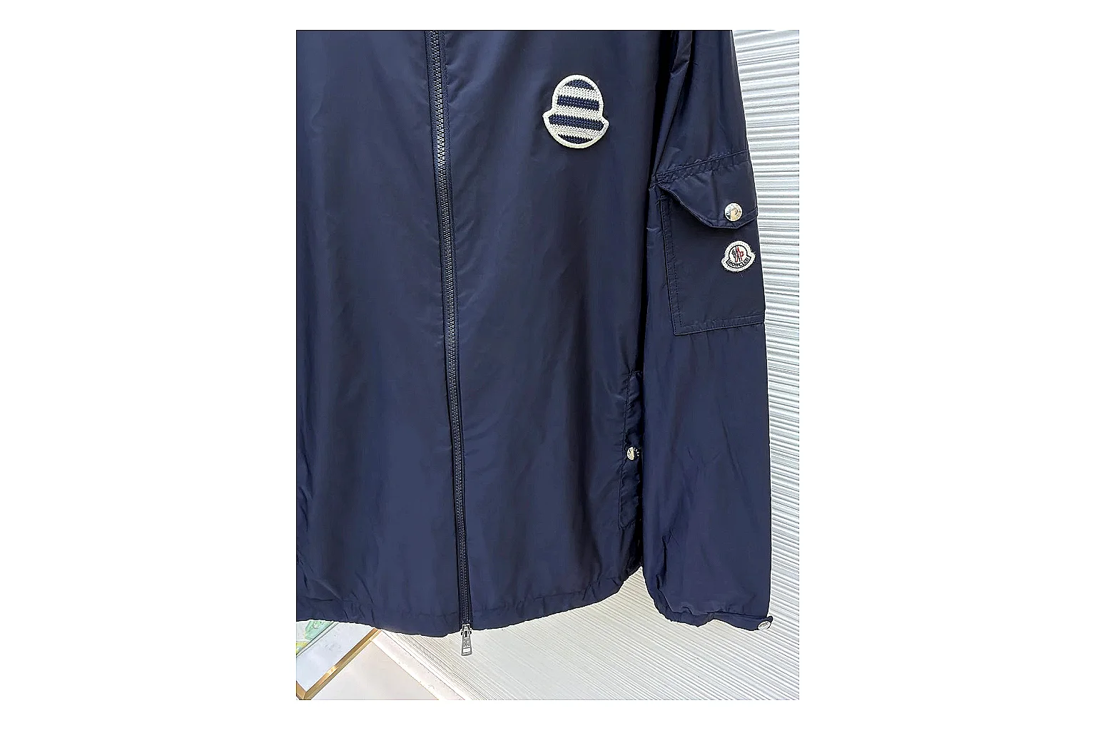Moncler Nylon Hooded Jacket Navy Jacket QC photo reference showing navy nylon hooded jacket with nylon texture, hood structure, zipper line, sleeve cuffs, and light shell shape thumbnail 6