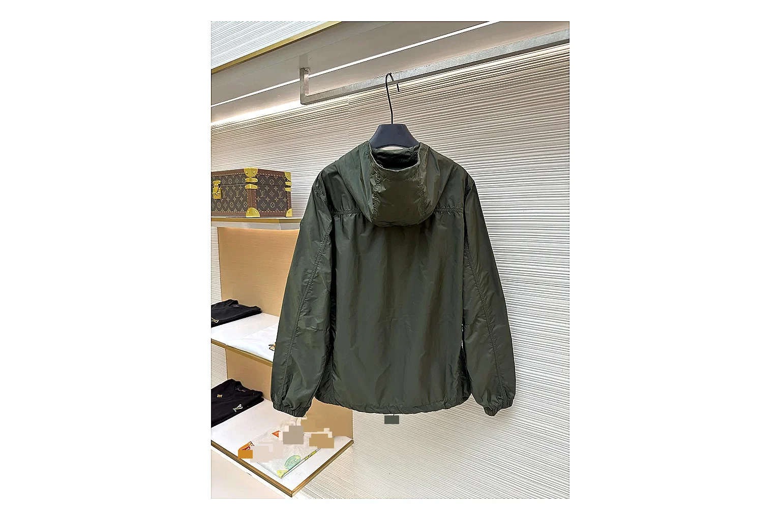 Moncler Nylon Hooded Jacket Olive Jacket QC photo reference showing olive nylon hooded jacket with nylon texture, hood structure, zipper line, sleeve cuffs, and light shell shape