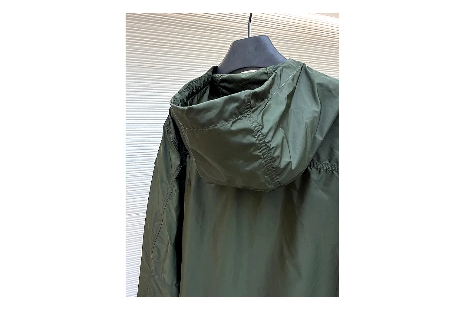 Moncler Nylon Hooded Jacket Olive Jacket QC photo reference showing olive nylon hooded jacket with nylon texture, hood structure, zipper line, sleeve cuffs, and light shell shape thumbnail 3