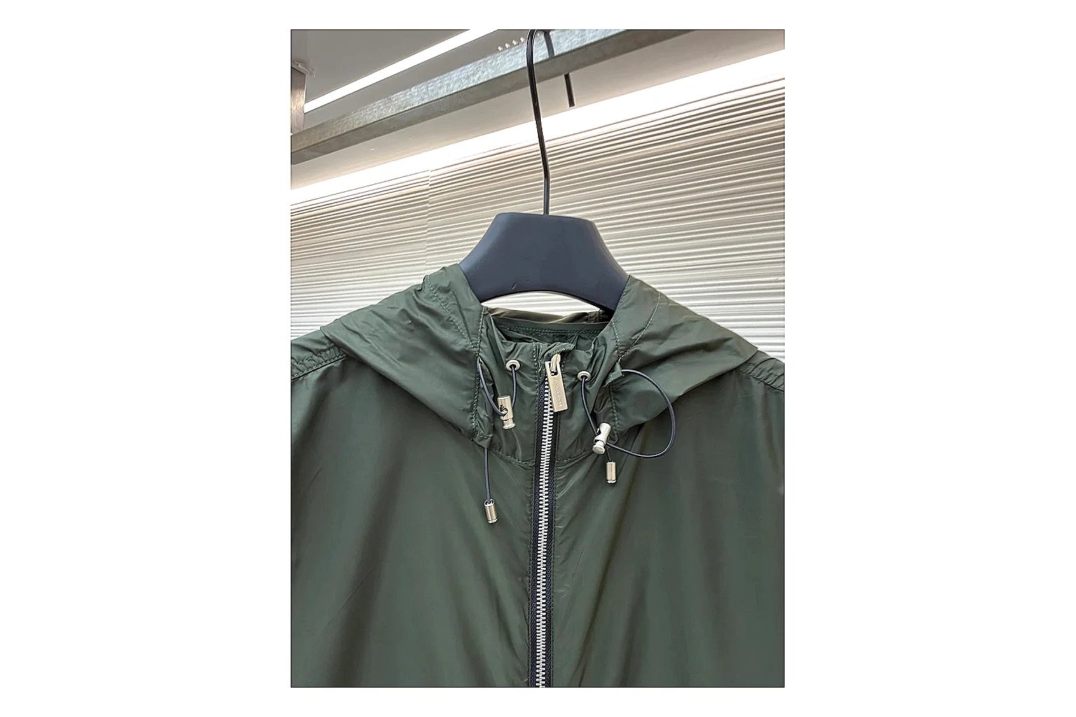 Moncler Nylon Hooded Jacket Olive Jacket QC photo reference showing olive nylon hooded jacket with nylon texture, hood structure, zipper line, sleeve cuffs, and light shell shape thumbnail 5
