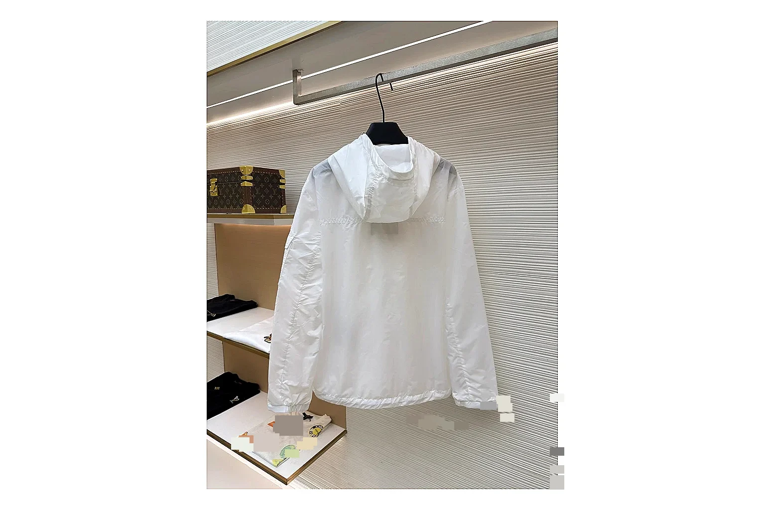 Moncler Nylon Hooded Jacket White Jacket QC photo reference showing white nylon hooded jacket with nylon texture, hood structure, zipper line, sleeve cuffs, and light shell shape