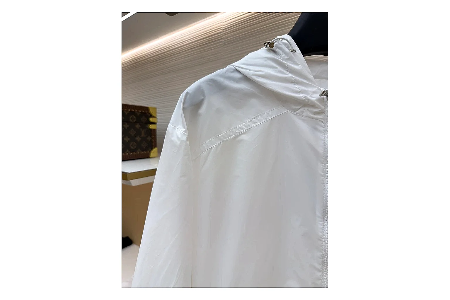 Moncler Nylon Hooded Jacket White Jacket QC photo reference showing white nylon hooded jacket with nylon texture, hood structure, zipper line, sleeve cuffs, and light shell shape