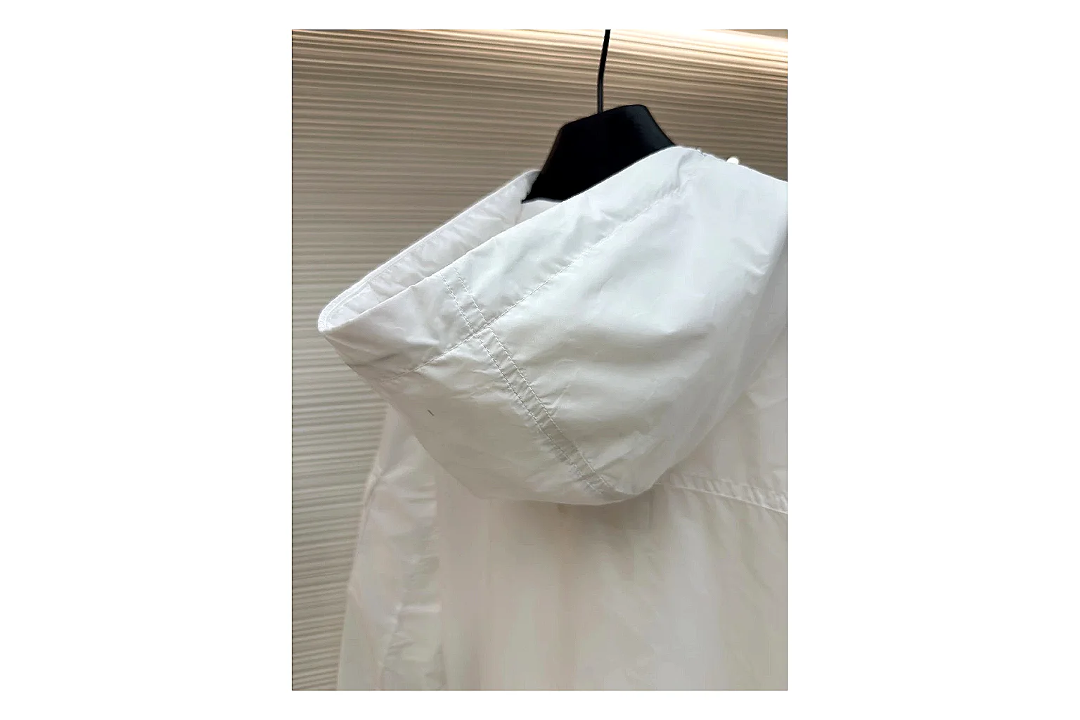 Moncler Nylon Hooded Jacket White Jacket QC photo reference showing white nylon hooded jacket with nylon texture, hood structure, zipper line, sleeve cuffs, and light shell shape thumbnail 3