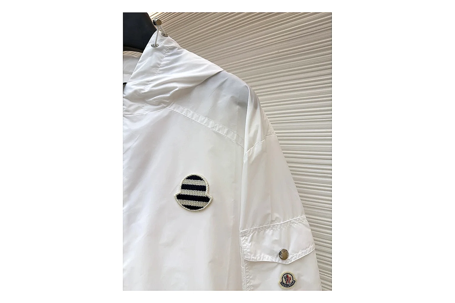Moncler Nylon Hooded Jacket White Jacket QC photo reference showing white nylon hooded jacket with nylon texture, hood structure, zipper line, sleeve cuffs, and light shell shape thumbnail 4