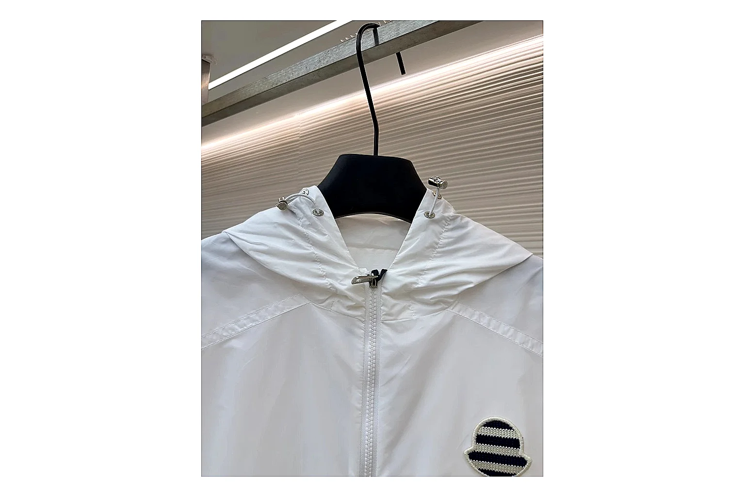 Moncler Nylon Hooded Jacket White Jacket QC photo reference showing white nylon hooded jacket with nylon texture, hood structure, zipper line, sleeve cuffs, and light shell shape thumbnail 5