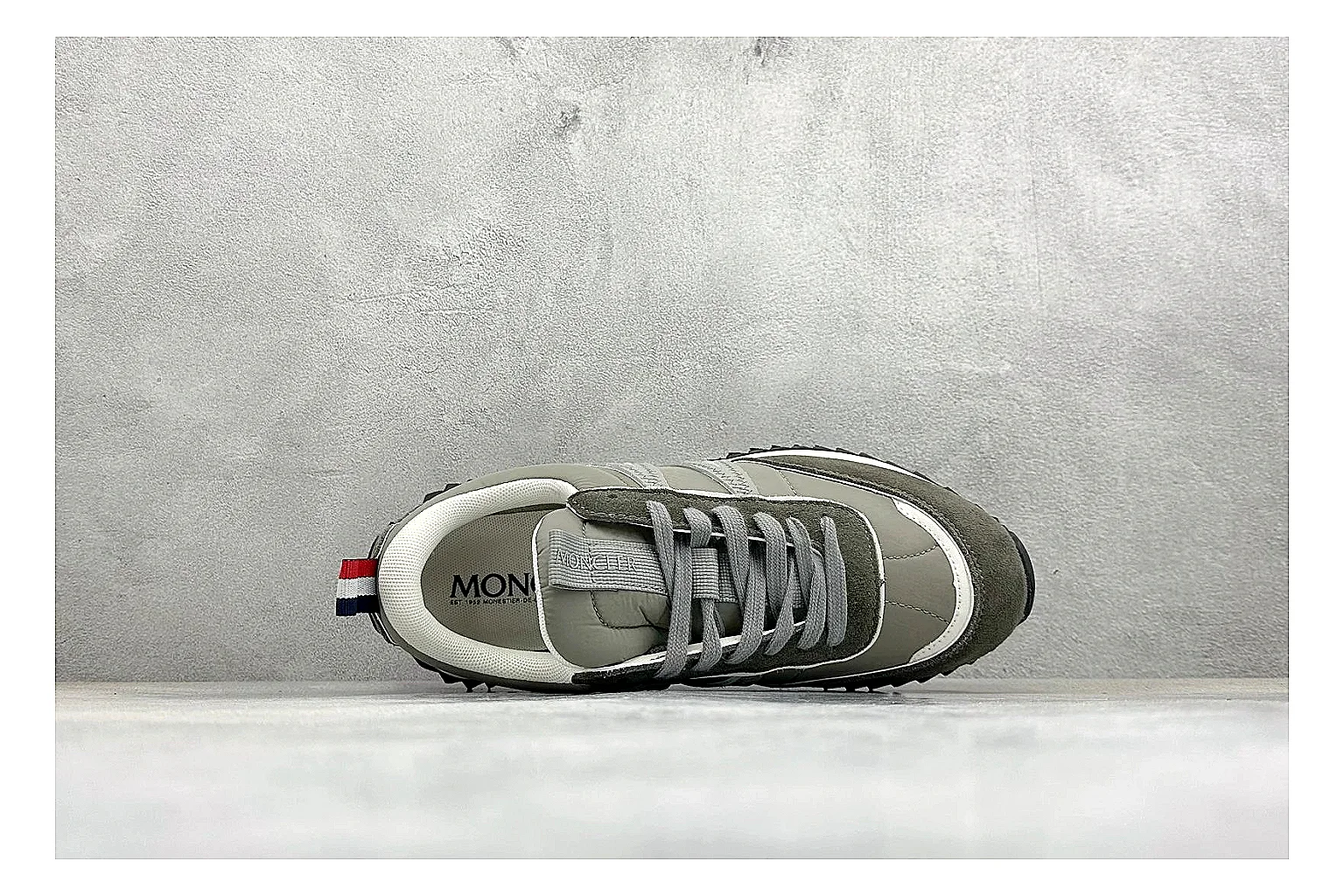 Moncler Pacey Grey Suede QC reference image showing grey suede upper, rugged white outsole, low collar, and soft neutral streetwear tone thumbnail 6