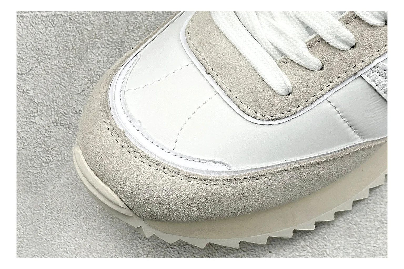 Moncler Pacey White Suede QC reference image showing light suede upper, chunky serrated outsole, low padded collar, and tonal casual build thumbnail 4