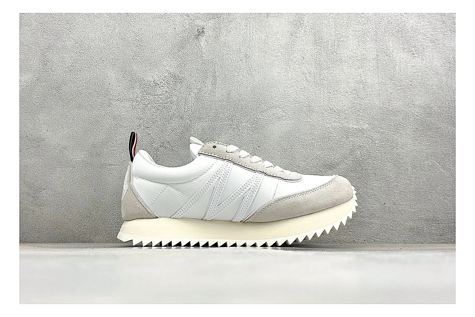Moncler Pacey White Suede QC reference image showing light suede upper, chunky serrated outsole, low padded collar, and tonal casual build thumbnail 5