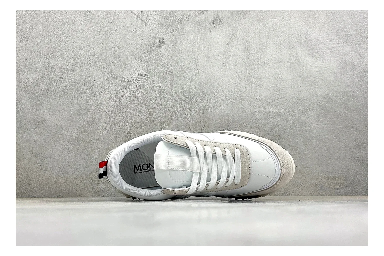 Moncler Pacey White Suede QC reference image showing light suede upper, chunky serrated outsole, low padded collar, and tonal casual build thumbnail 6
