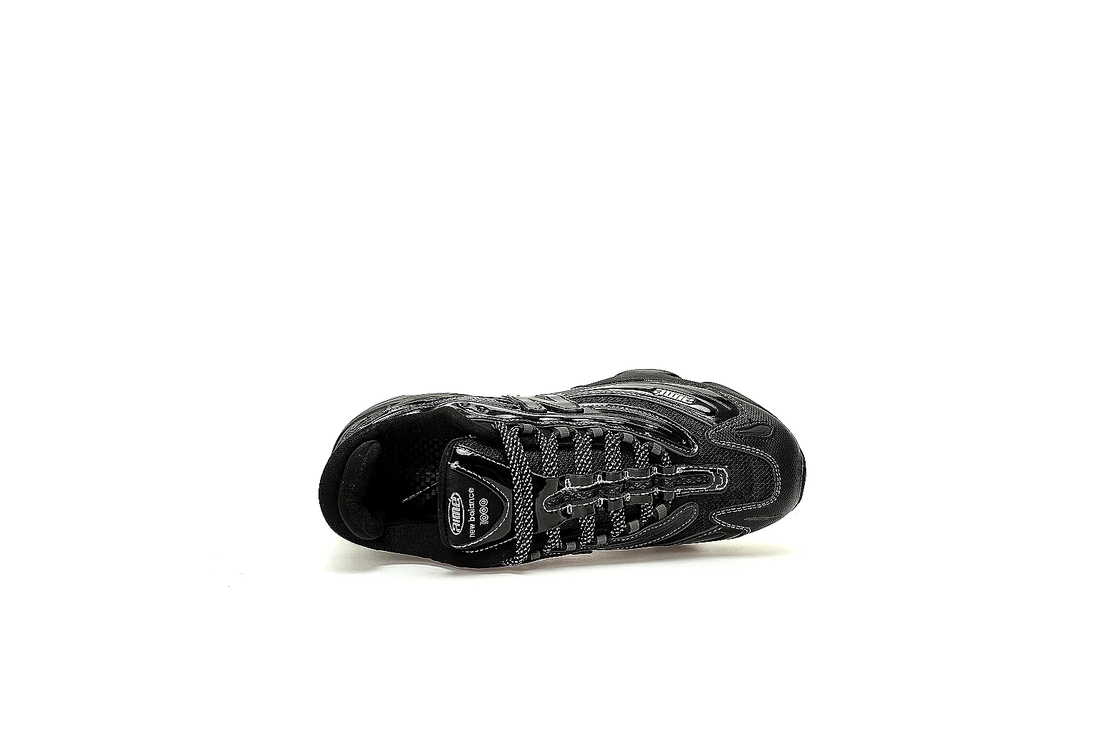 Six-angle QC gallery of black New Balance 1000 with side, top, heel, toe and outsole views
