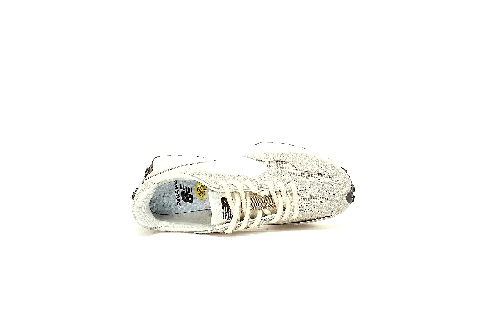 New Balance cream runner QC views showing upper stitching, logos and outsole lugs