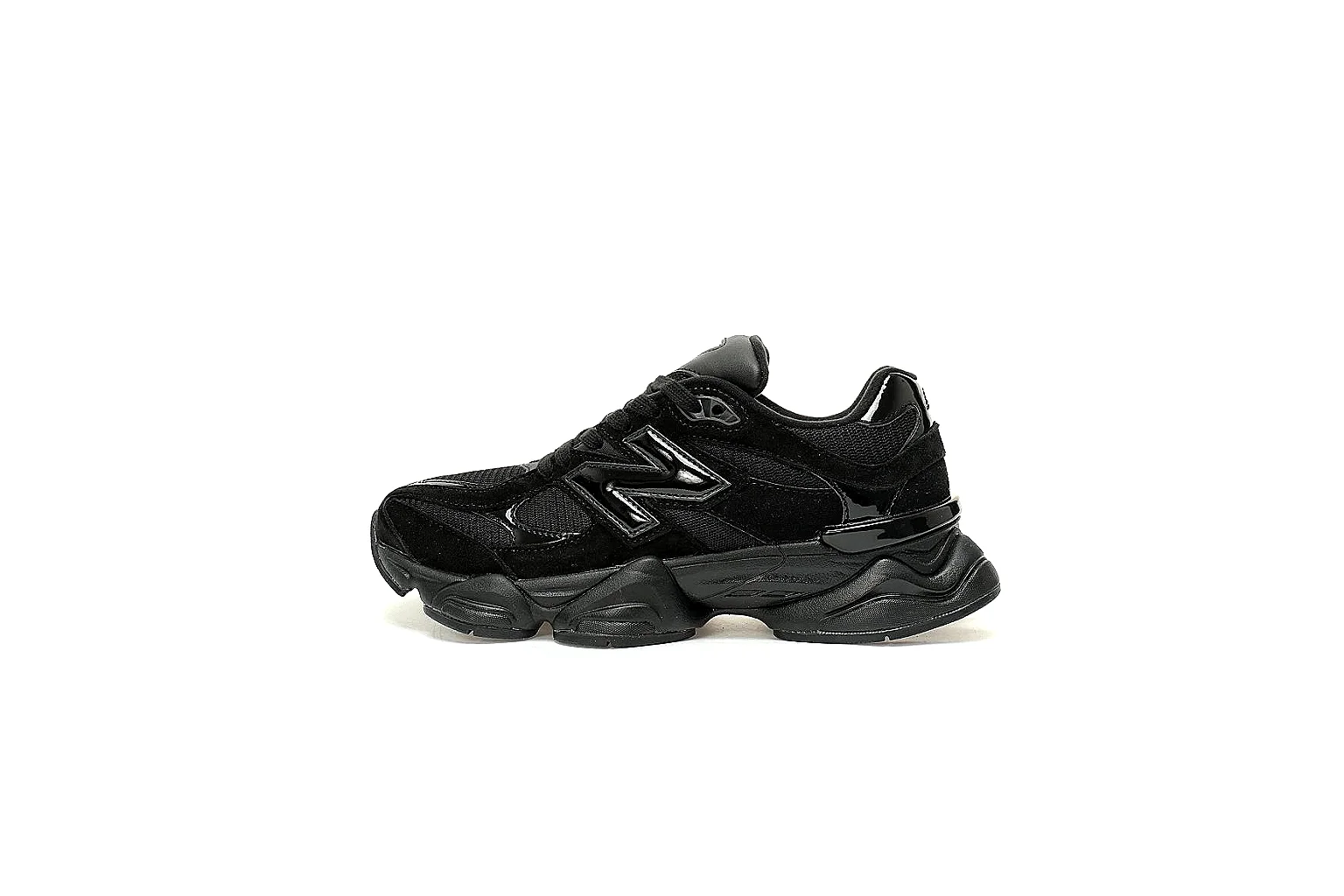 New Balance 9060-style Triple Black QC gallery showing side, heel, top and outsole angles thumbnail 2