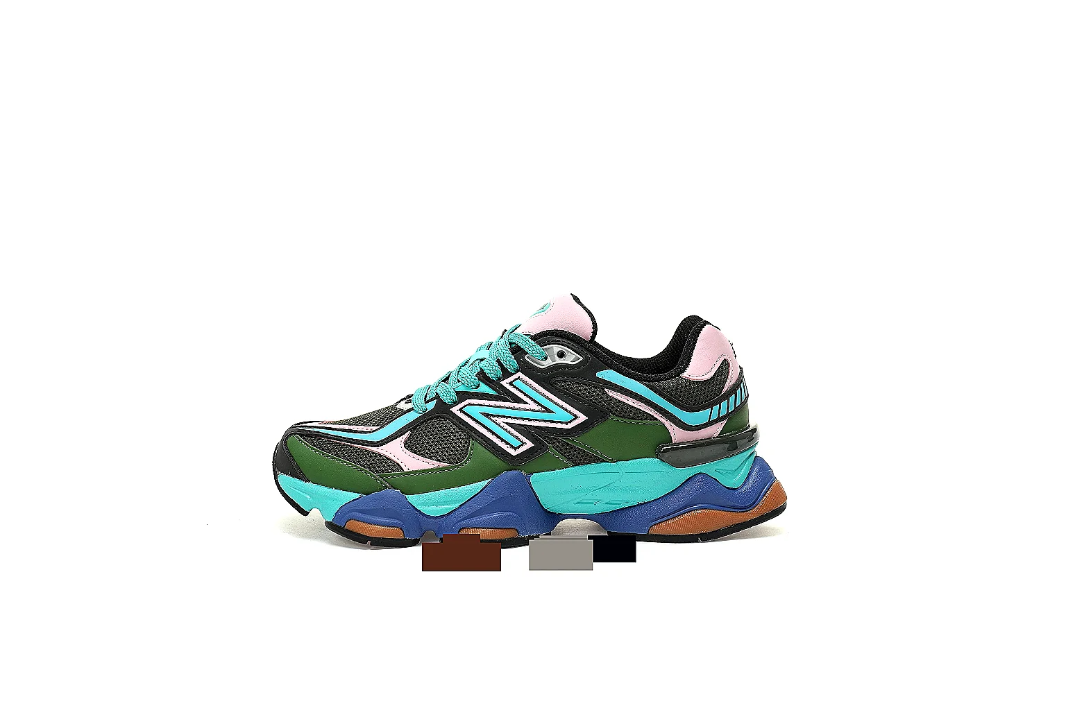 New Balance 9060 lateral QC view with layered upper and segmented blue turquoise sole thumbnail 2