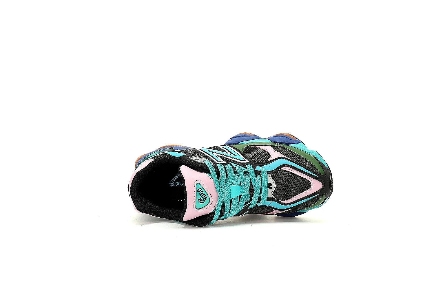 New Balance 9060 lateral QC view with layered upper and segmented blue turquoise sole