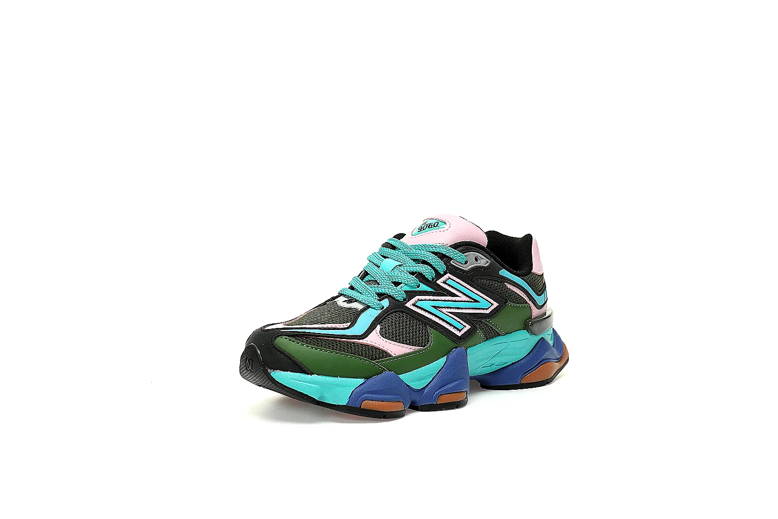 New Balance 9060 lateral QC view with layered upper and segmented blue turquoise sole thumbnail 5