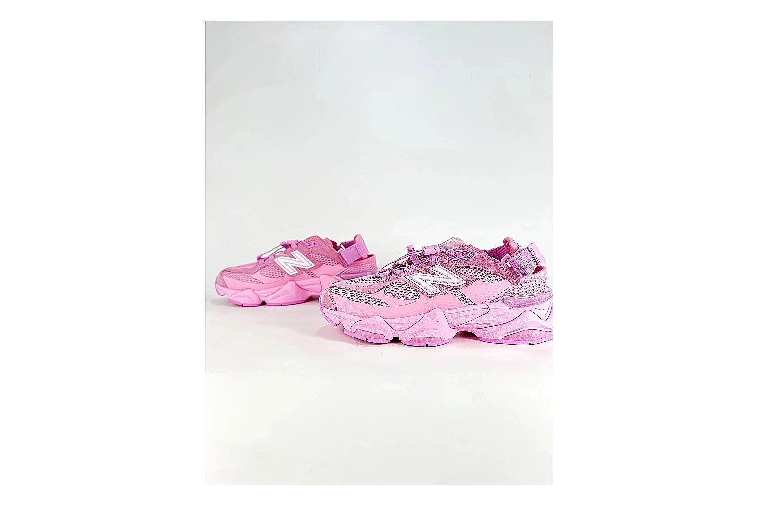 New Balance 9060 Pink Sneakers QC photo reference showing pink chunky runner sneakers with mesh-leather texture, side-profile shape, upper panel lines, and outsole detail thumbnail 4