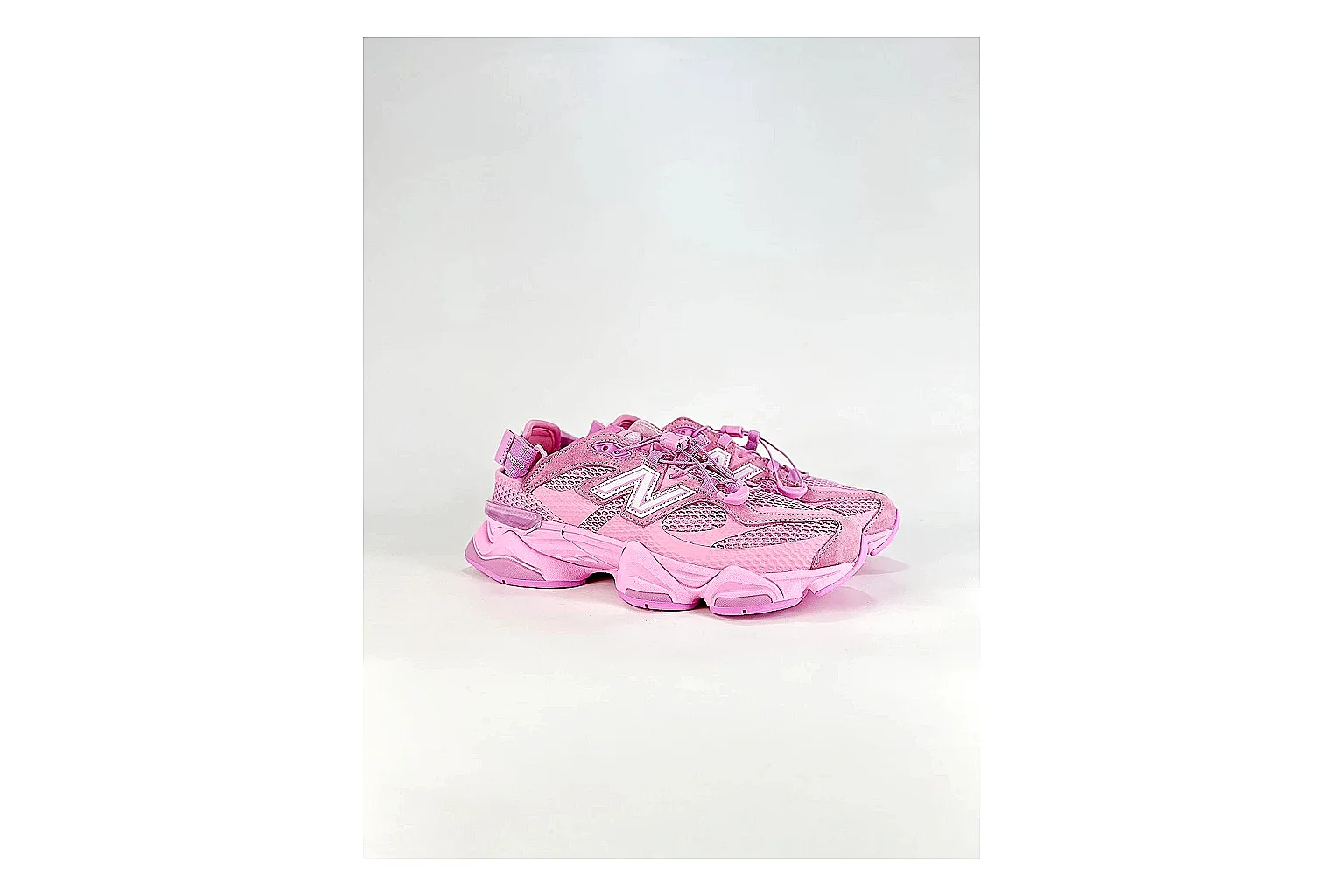 New Balance 9060 Pink Sneakers QC photo reference showing pink chunky runner sneakers with mesh-leather texture, side-profile shape, upper panel lines, and outsole detail thumbnail 5