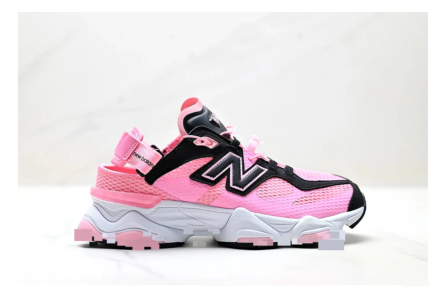 New Balance 9060 Pink Black Sneakers QC photo reference showing pink black chunky runner sneakers with mesh-leather texture, side-profile shape, upper panel lines, and outsole detail