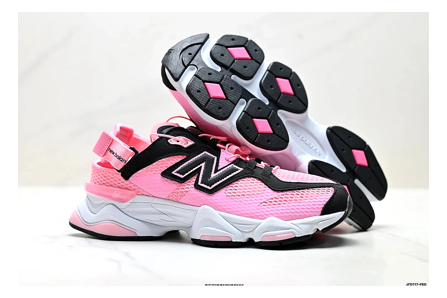 New Balance 9060 Pink Black Sneakers QC photo reference showing pink black chunky runner sneakers with mesh-leather texture, side-profile shape, upper panel lines, and outsole detail thumbnail 4