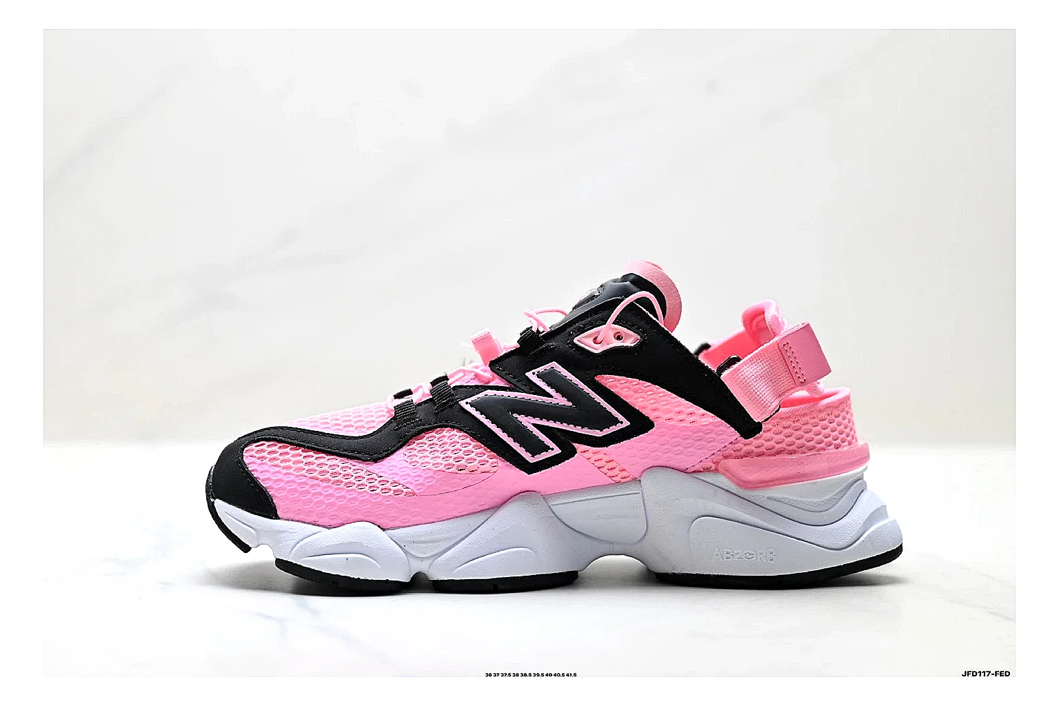 New Balance 9060 Pink Black Sneakers QC photo reference showing pink black chunky runner sneakers with mesh-leather texture, side-profile shape, upper panel lines, and outsole detail thumbnail 5