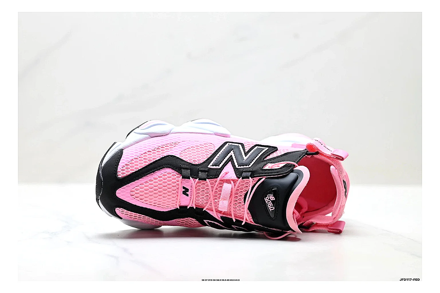 New Balance 9060 Pink Black Sneakers QC photo reference showing pink black chunky runner sneakers with mesh-leather texture, side-profile shape, upper panel lines, and outsole detail thumbnail 6