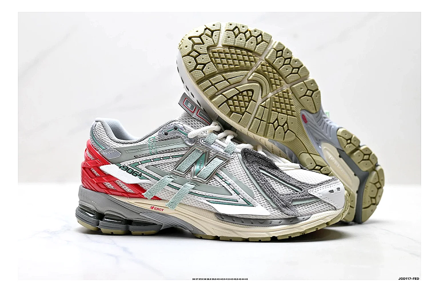 New Balance M1906 Silver Red Sneakers QC photo reference showing silver red retro runner sneakers with mesh-leather texture, side-profile shape, upper panel lines, and outsole detail thumbnail 4