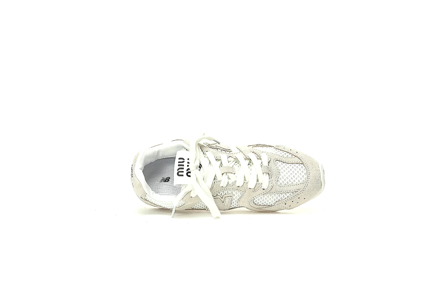 New Balance cream runner QC views showing suede panels, mesh, heel, tongue, toe and outsole