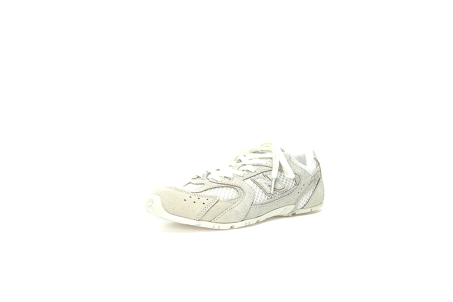 New Balance cream runner QC views showing suede panels, mesh, heel, tongue, toe and outsole thumbnail 6