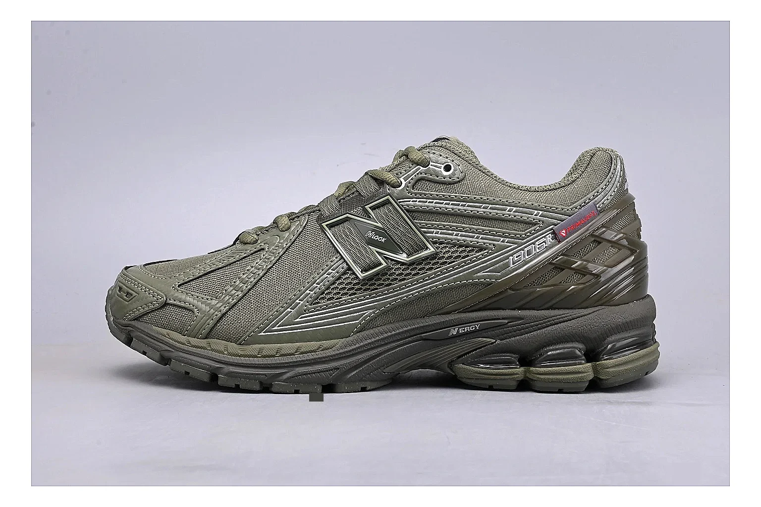 New Balance 1906R Olive Grey QC photo showing grey olive 1906r runner with mixed upper and runner shape