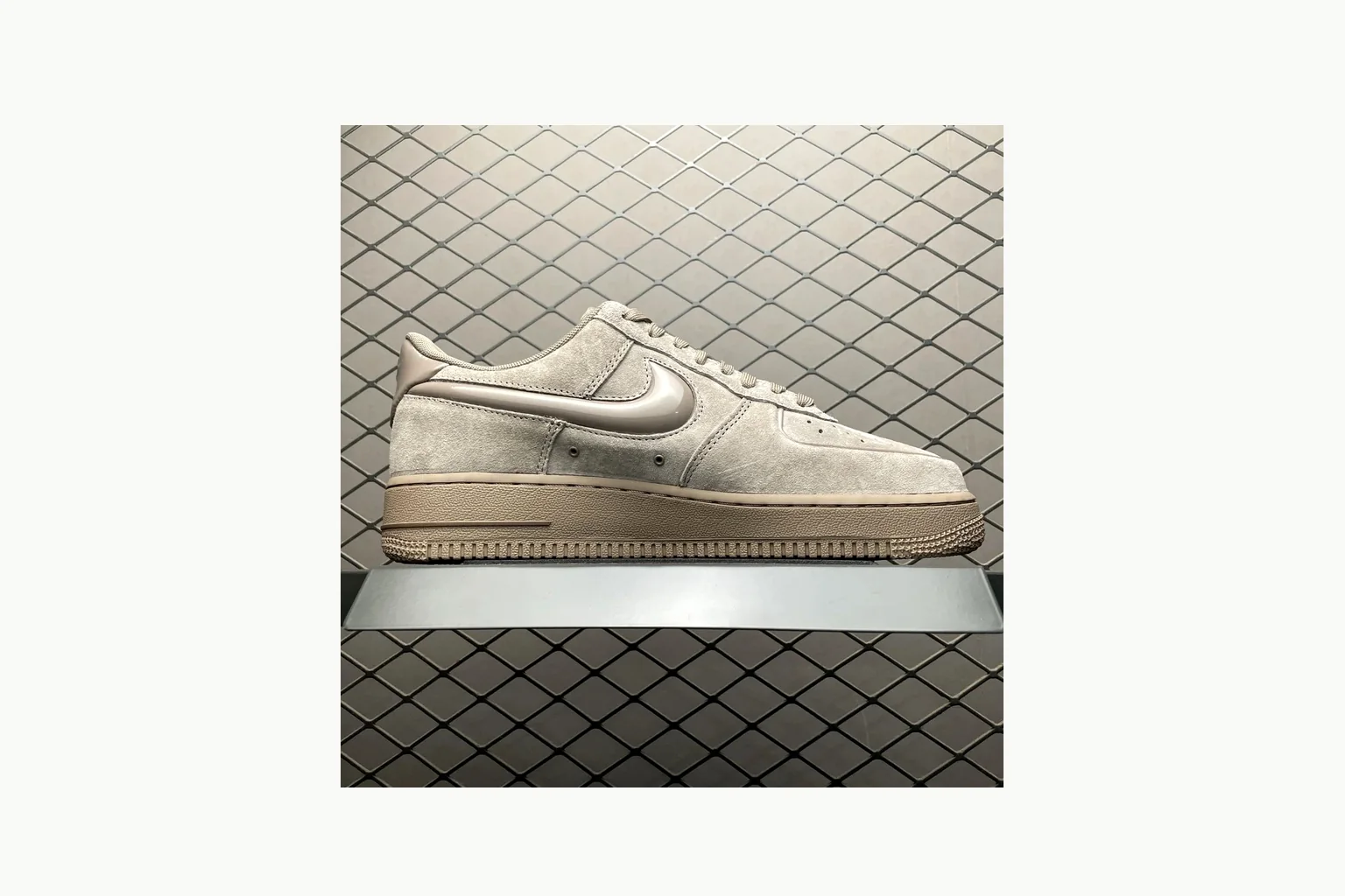 Nike Air Force 1 Beige Sneaker QC photo showing silver beige air force 1 low-top with mixed upper and low top shape