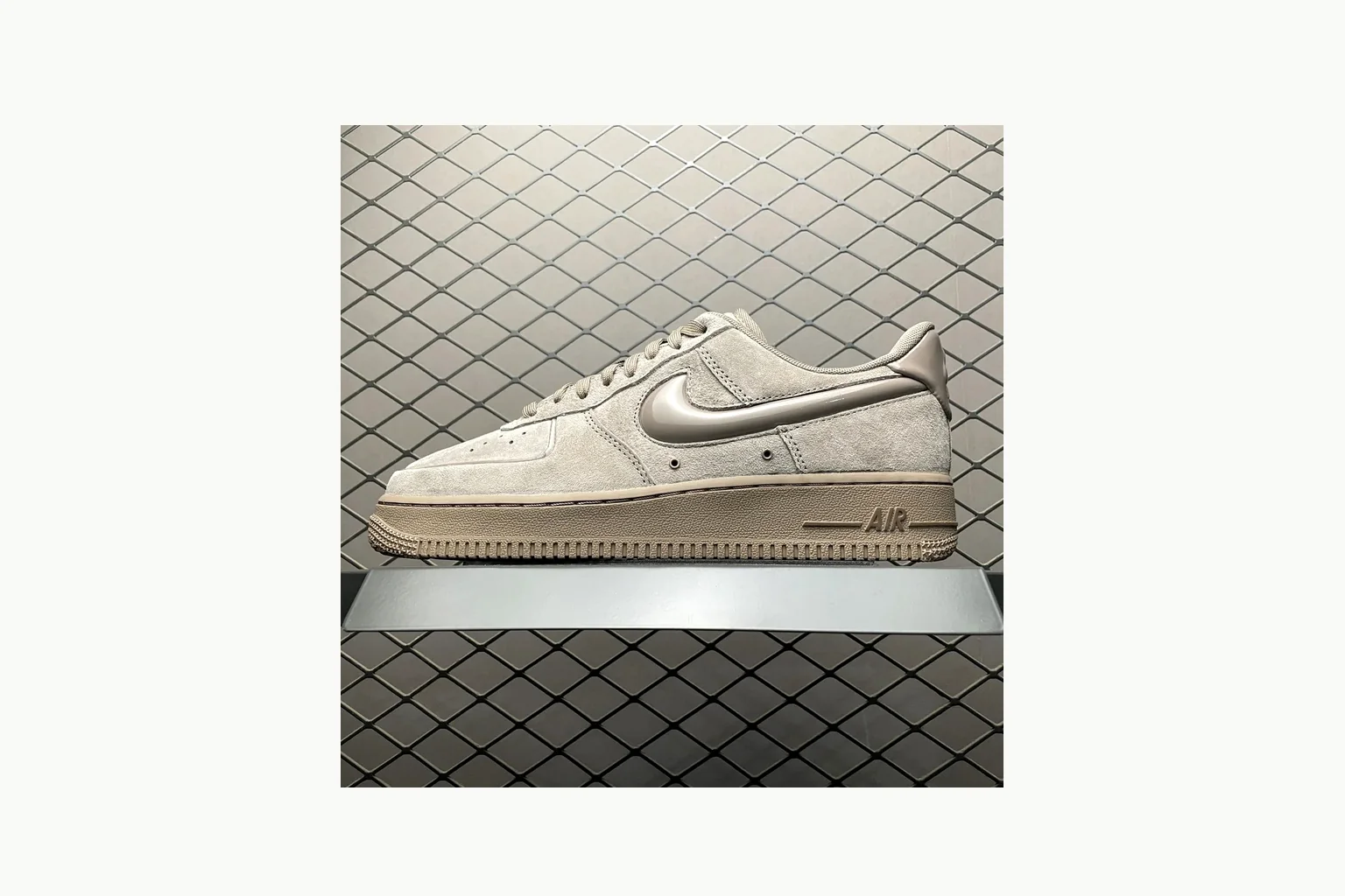 Nike Air Force 1 Beige Sneaker QC photo showing silver beige air force 1 low-top with mixed upper and low top shape thumbnail 5