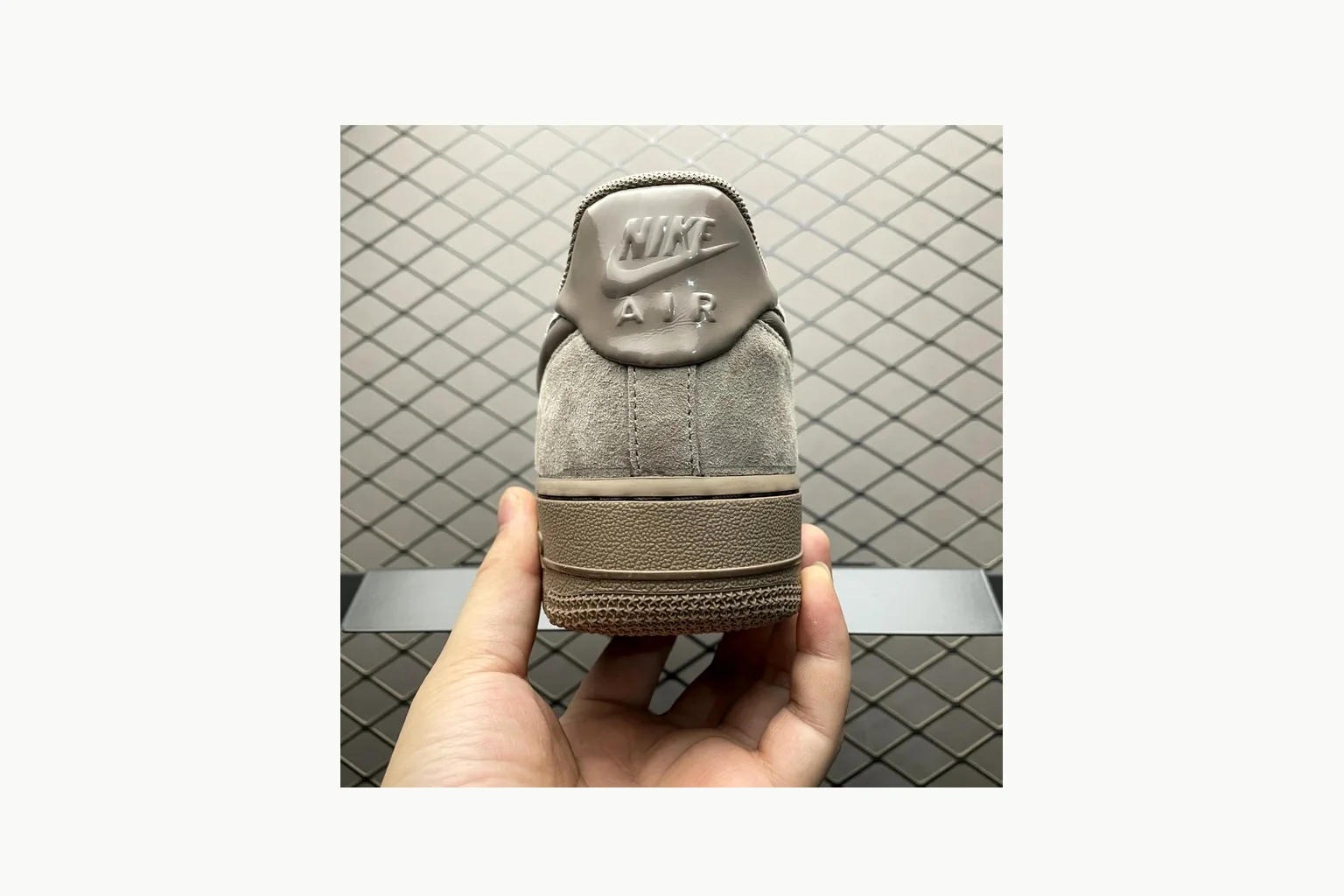 Nike Air Force 1 Beige Sneaker QC photo showing silver beige air force 1 low-top with mixed upper and low top shape thumbnail 6