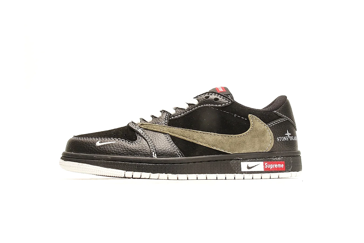 Nike Air Court Connect Black Olive Low Top QC reference photo showing black low-top upper, olive Swoosh, white laces, side text graphics, and red accent details
