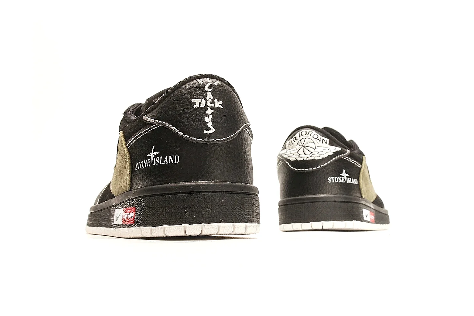 Nike Air Court Connect Black Olive Low Top QC reference photo showing black low-top upper, olive Swoosh, white laces, side text graphics, and red accent details