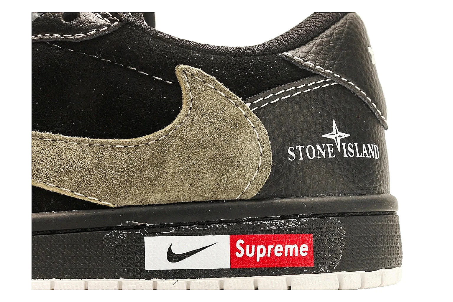 Nike Air Court Connect Black Olive Low Top QC reference photo showing black low-top upper, olive Swoosh, white laces, side text graphics, and red accent details thumbnail 4