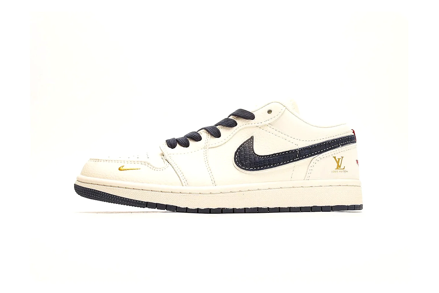 Nike Air Court Cream Navy Low Top QC reference photo showing cream leather upper, navy Swoosh, dark laces, red heel accents, and gold side graphics