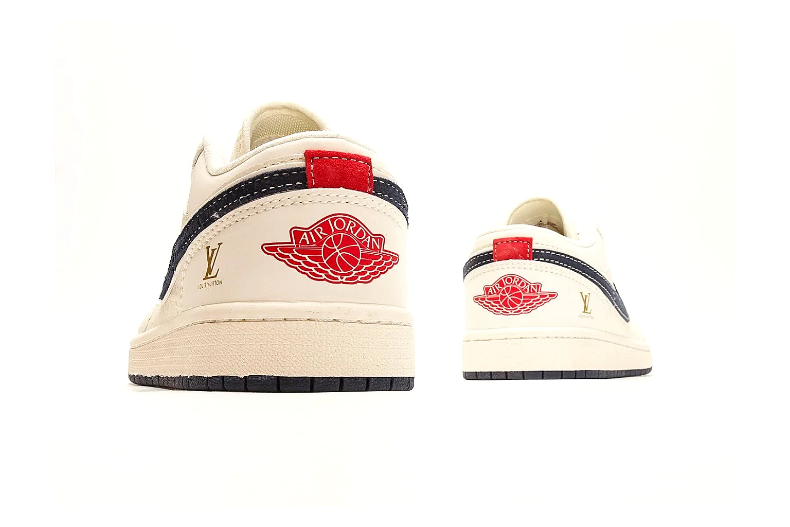 Nike Air Court Cream Navy Low Top QC reference photo showing cream leather upper, navy Swoosh, dark laces, red heel accents, and gold side graphics thumbnail 2
