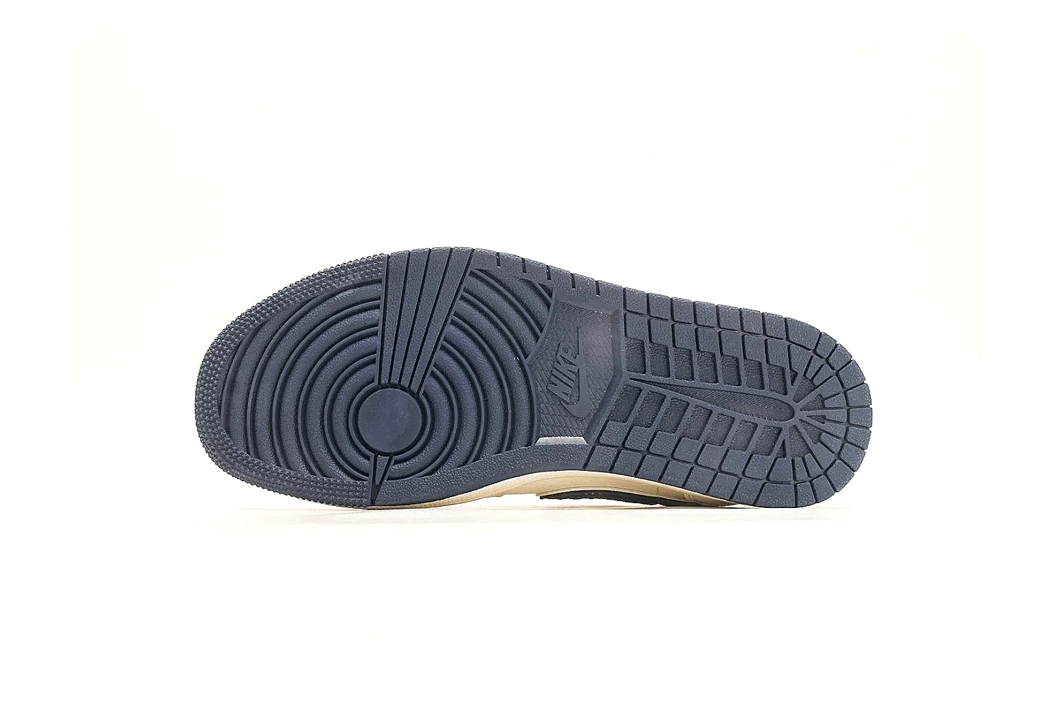 Nike Air Court Cream Navy Low Top QC reference photo showing cream leather upper, navy Swoosh, dark laces, red heel accents, and gold side graphics thumbnail 3