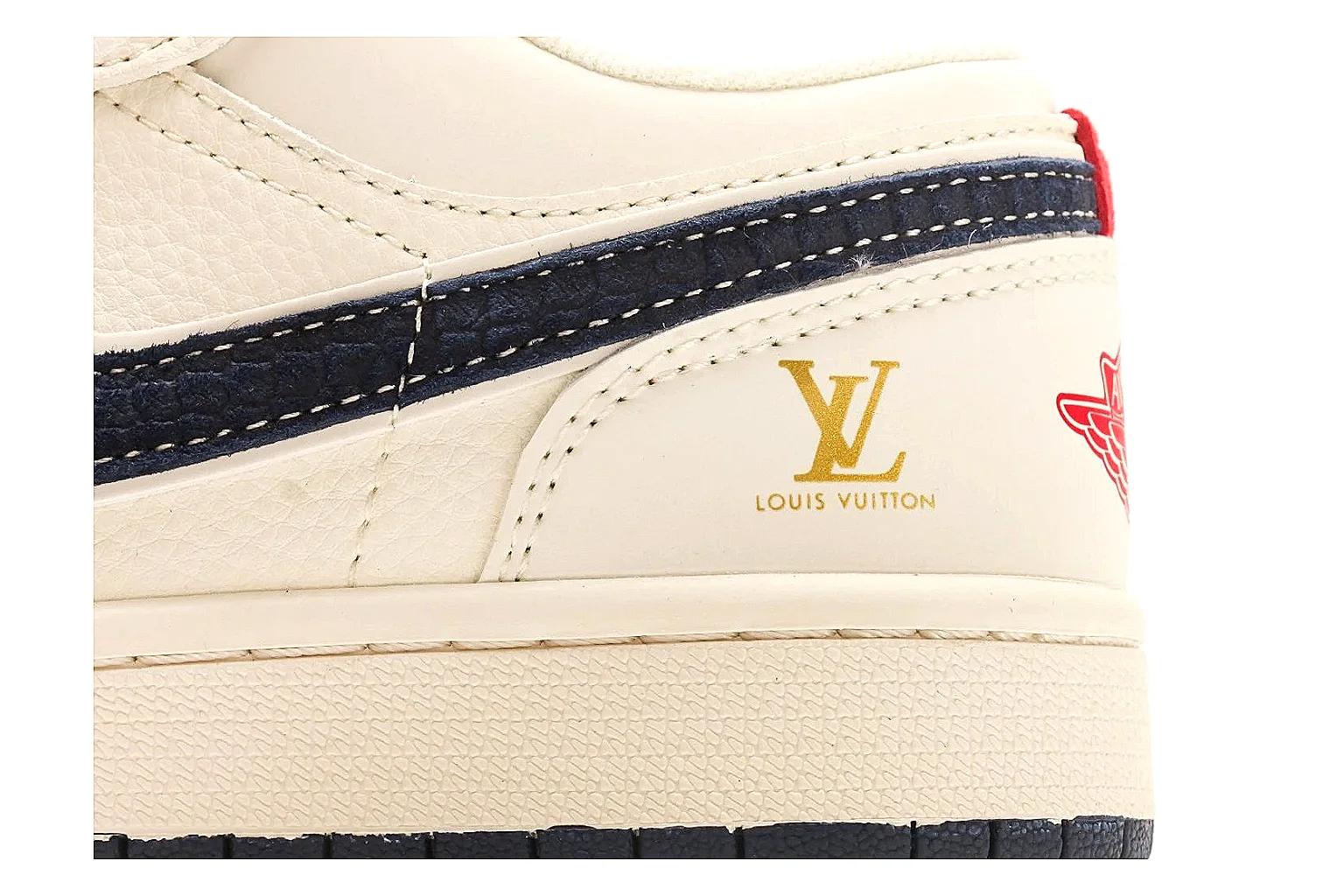Nike Air Court Cream Navy Low Top QC reference photo showing cream leather upper, navy Swoosh, dark laces, red heel accents, and gold side graphics thumbnail 4