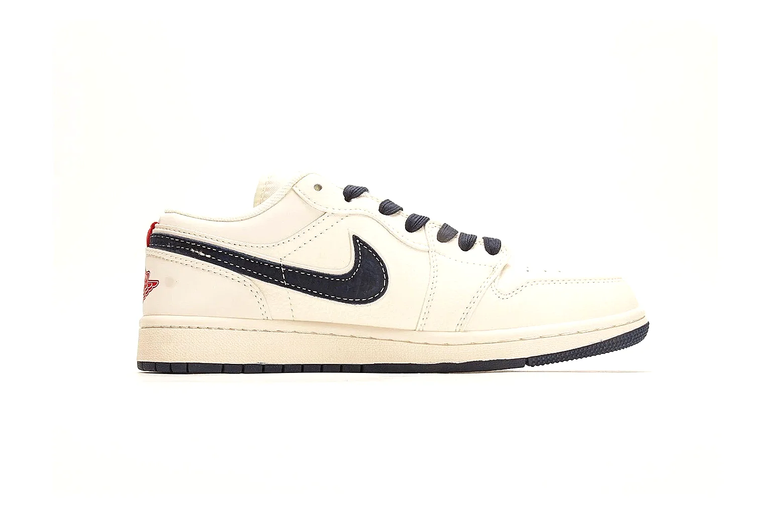 Nike Air Court Cream Navy Low Top QC reference photo showing cream leather upper, navy Swoosh, dark laces, red heel accents, and gold side graphics thumbnail 5