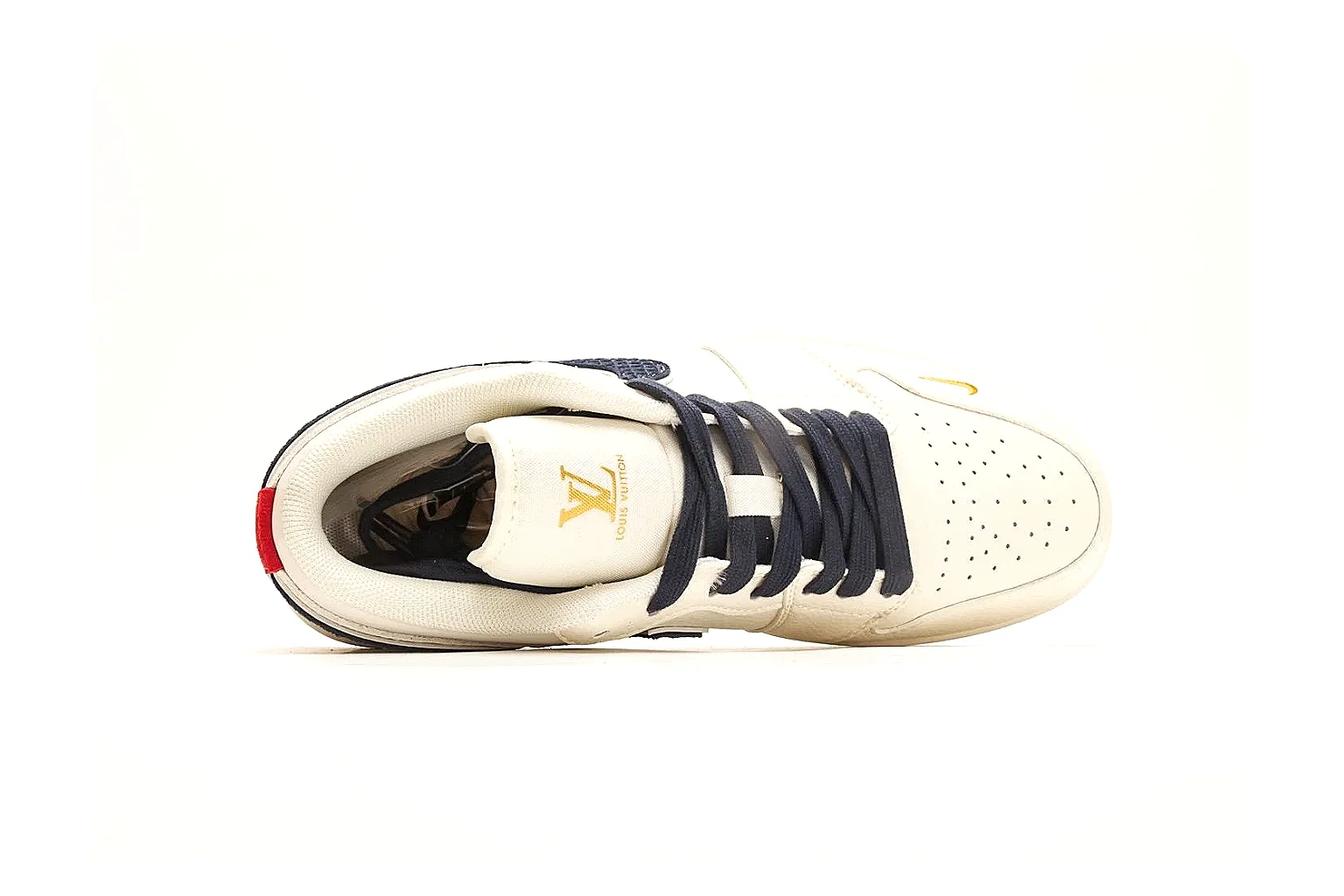 Nike Air Court Cream Navy Low Top QC reference photo showing cream leather upper, navy Swoosh, dark laces, red heel accents, and gold side graphics thumbnail 6