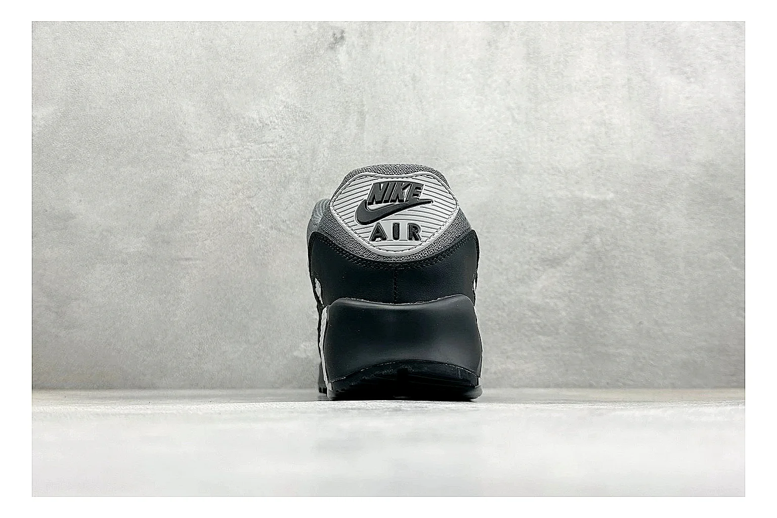 Nike Air Max 90 Grey Black QC reference photo showing grey and black layered upper, visible Air window, classic Air Max 90 panels, and sturdy retro sole
