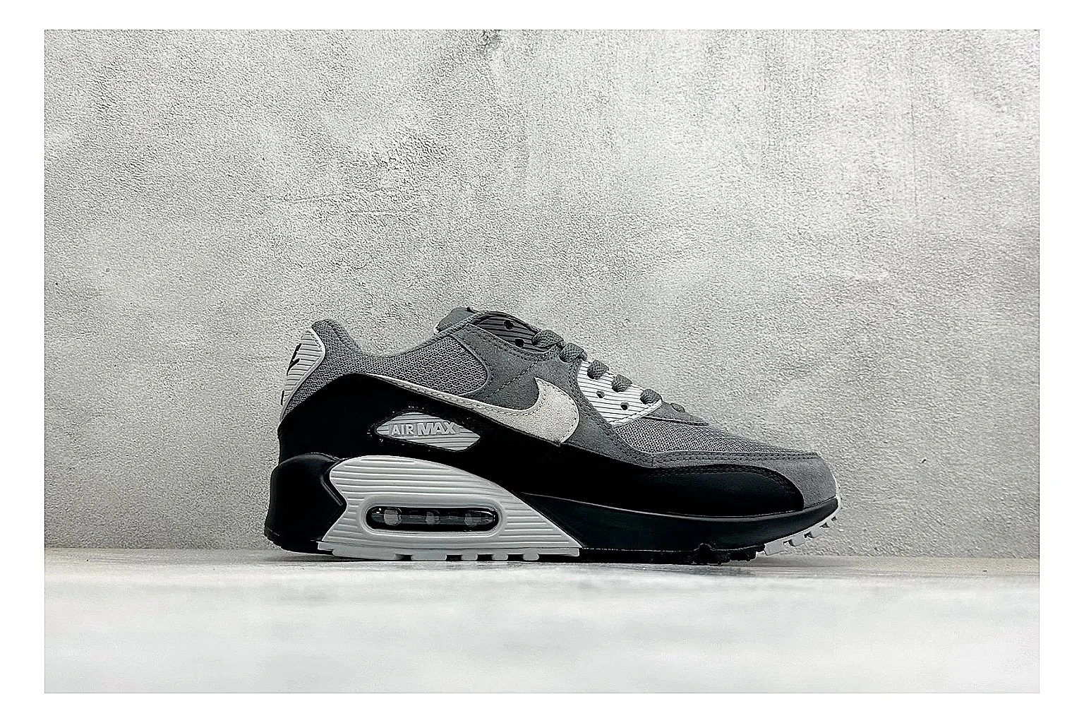 Nike Air Max 90 Grey Black QC reference photo showing grey and black layered upper, visible Air window, classic Air Max 90 panels, and sturdy retro sole thumbnail 5